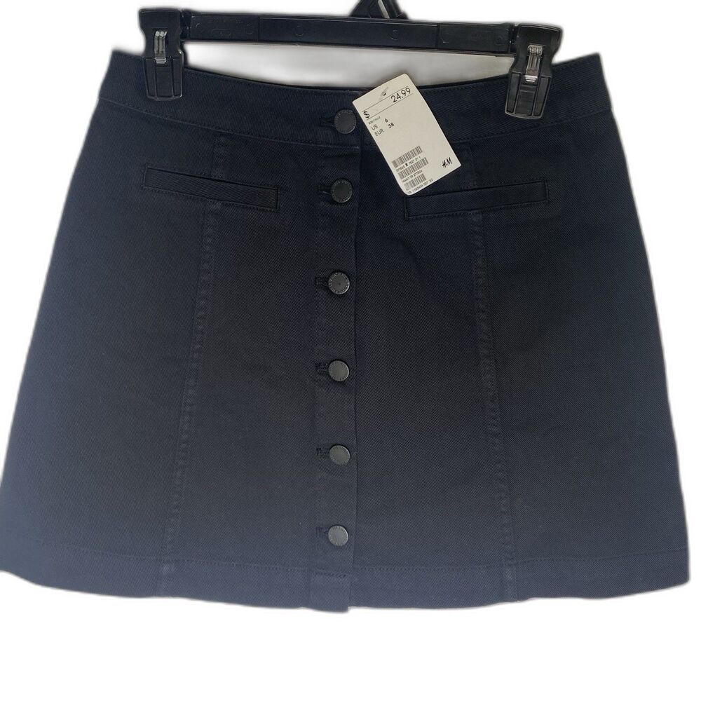 H&M Divided Denim Mini Skirt Button A-Line Classic Preppy Womens 6 Black NWT